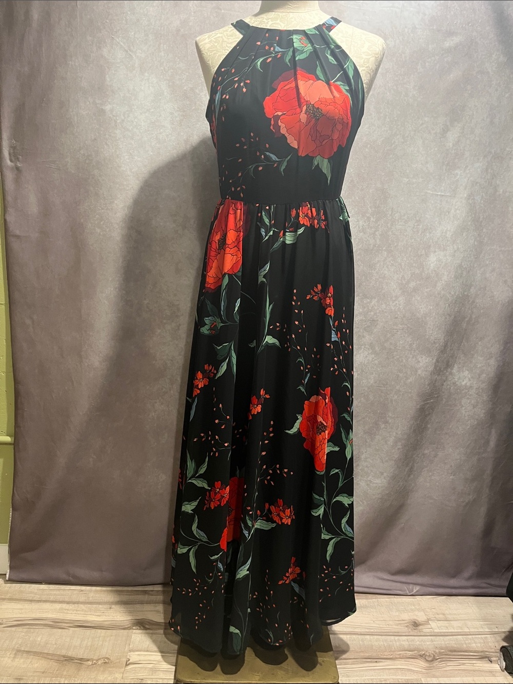INC International Concepts Black Maxi Dress with Red Floral Print size 4